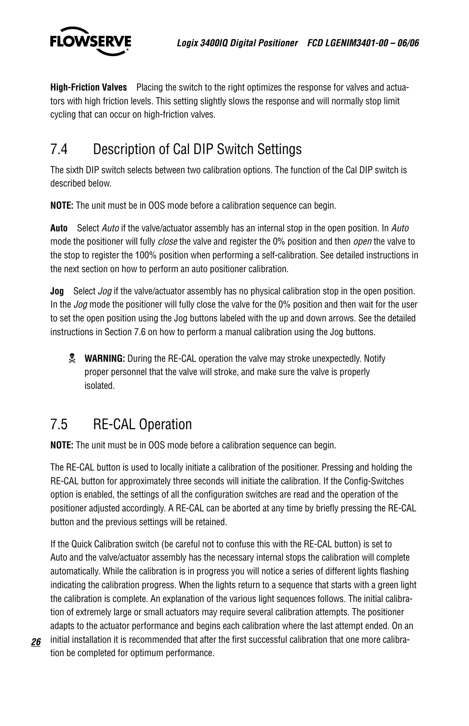 4 description of cal dip switch settings, 5 re-cal operation | Flowserve 3400IQ Digital Positioner User Manual | Page 26 / 80