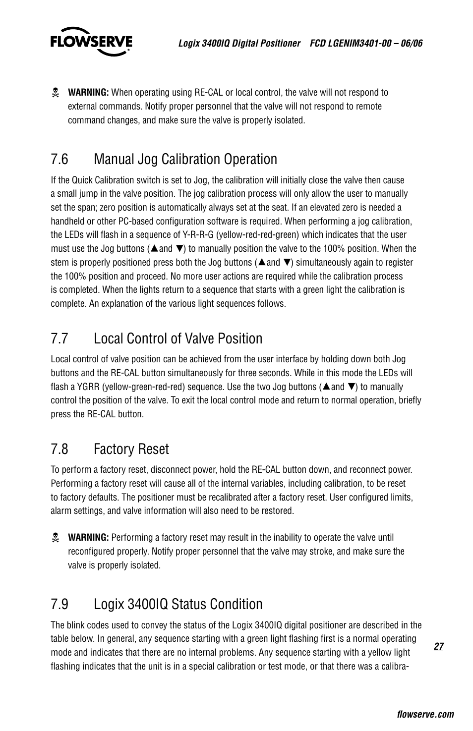 6 manual jog calibration operation, 7 local control of valve position, 8 factory reset | Flowserve 3400IQ Digital Positioner User Manual | Page 27 / 80