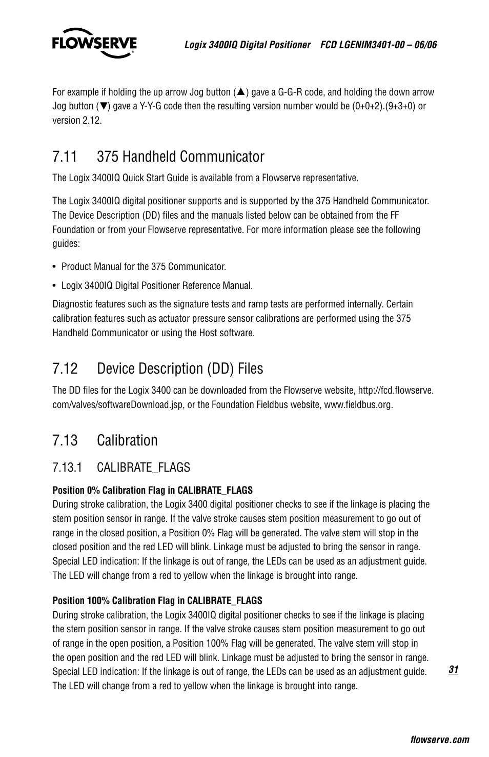 12 device description (dd) files, 13 calibration | Flowserve 3400IQ Digital Positioner User Manual | Page 31 / 80