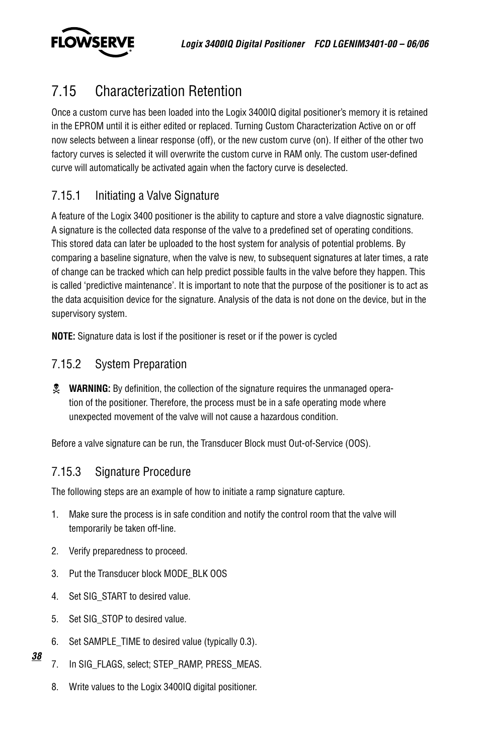 15 characterization retention, 1 initiating a valve signature, 2 system preparation | 3 signature procedure | Flowserve 3400IQ Digital Positioner User Manual | Page 38 / 80