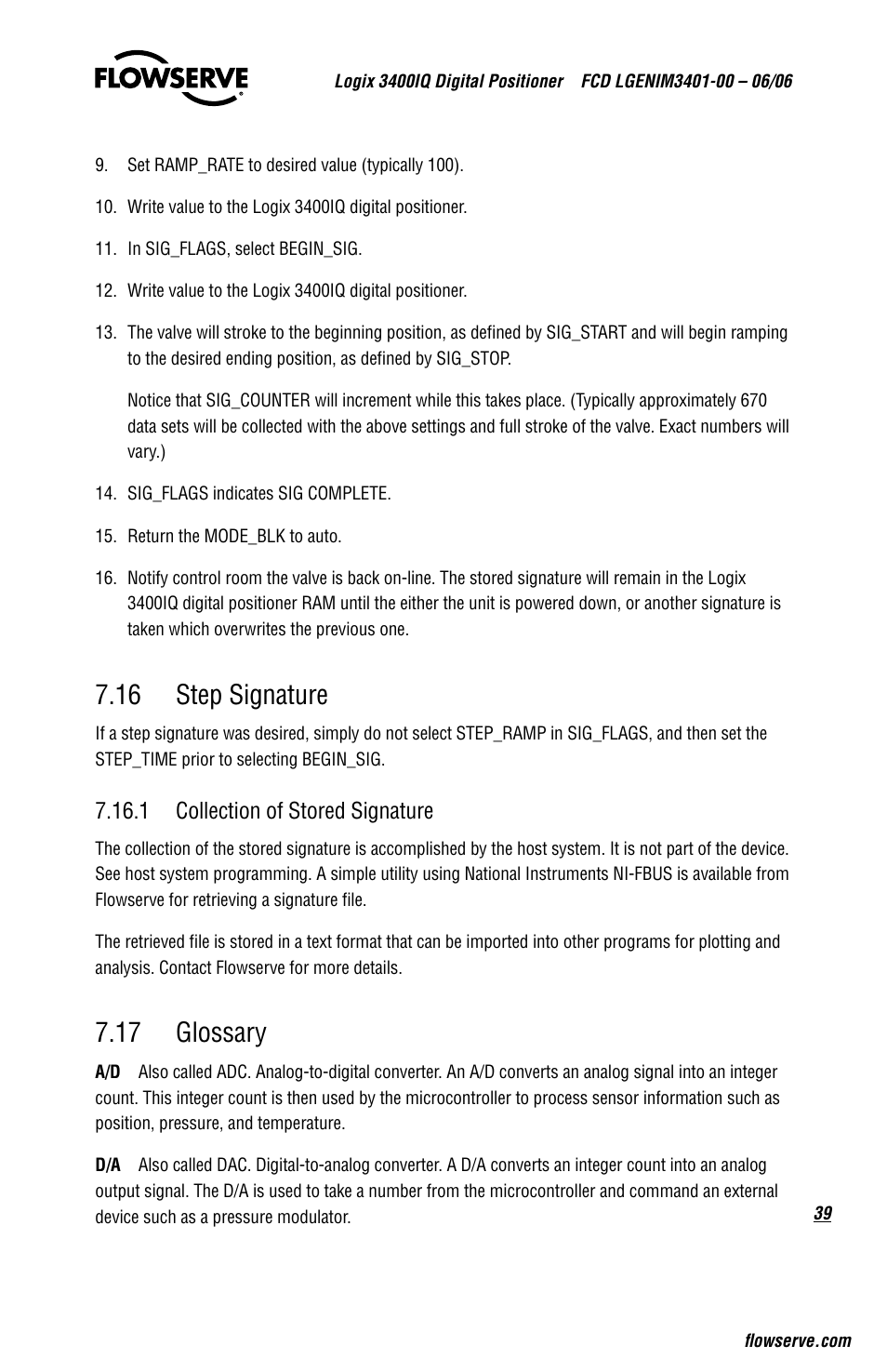 16 step signature, 17 glossary, 1 collection of stored signature | Flowserve 3400IQ Digital Positioner User Manual | Page 39 / 80