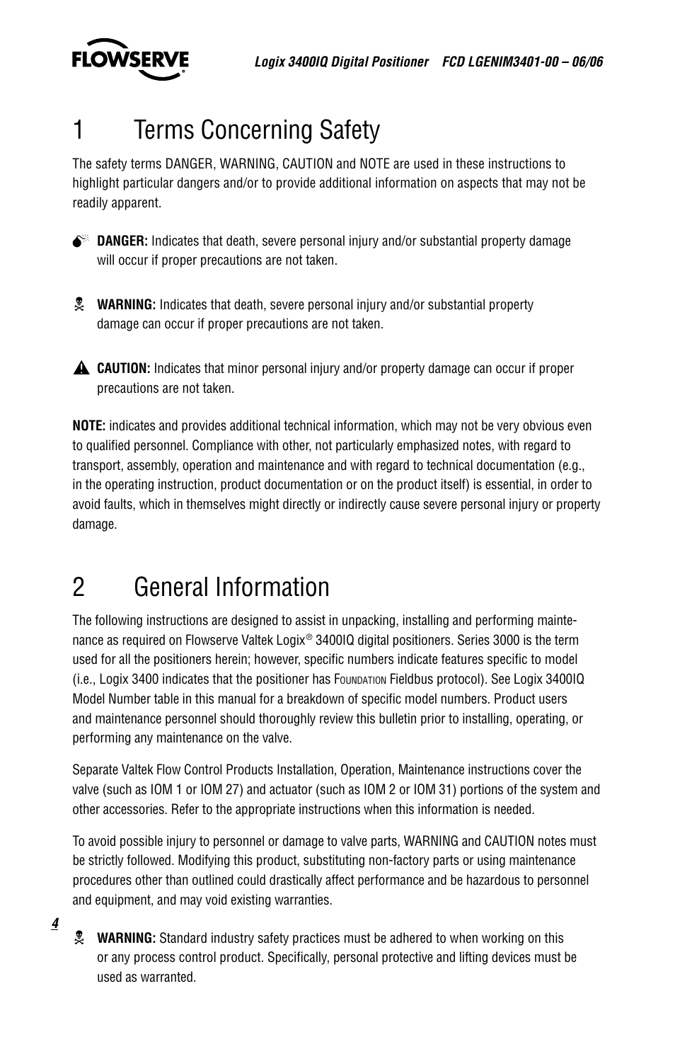 1terms concerning safety, 2general information | Flowserve 3400IQ Digital Positioner User Manual | Page 4 / 80