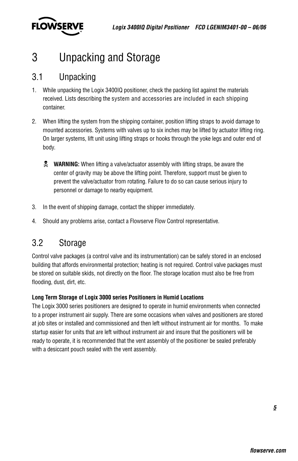 3unpacking and storage, 1 unpacking, 2 storage | Flowserve 3400IQ Digital Positioner User Manual | Page 5 / 80