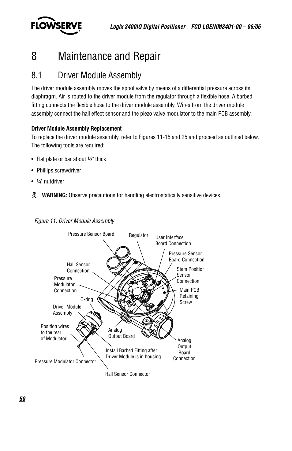 8maintenance and repair, 1 driver module assembly | Flowserve 3400IQ Digital Positioner User Manual | Page 50 / 80