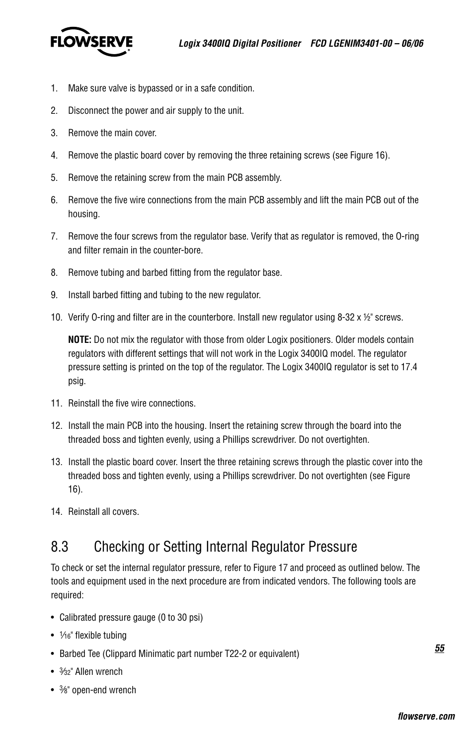 3 checking or setting internal regulator pressure | Flowserve 3400IQ Digital Positioner User Manual | Page 55 / 80