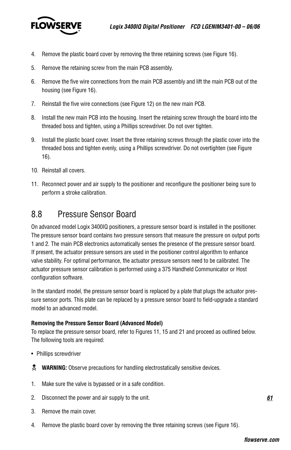 8 pressure sensor board | Flowserve 3400IQ Digital Positioner User Manual | Page 61 / 80