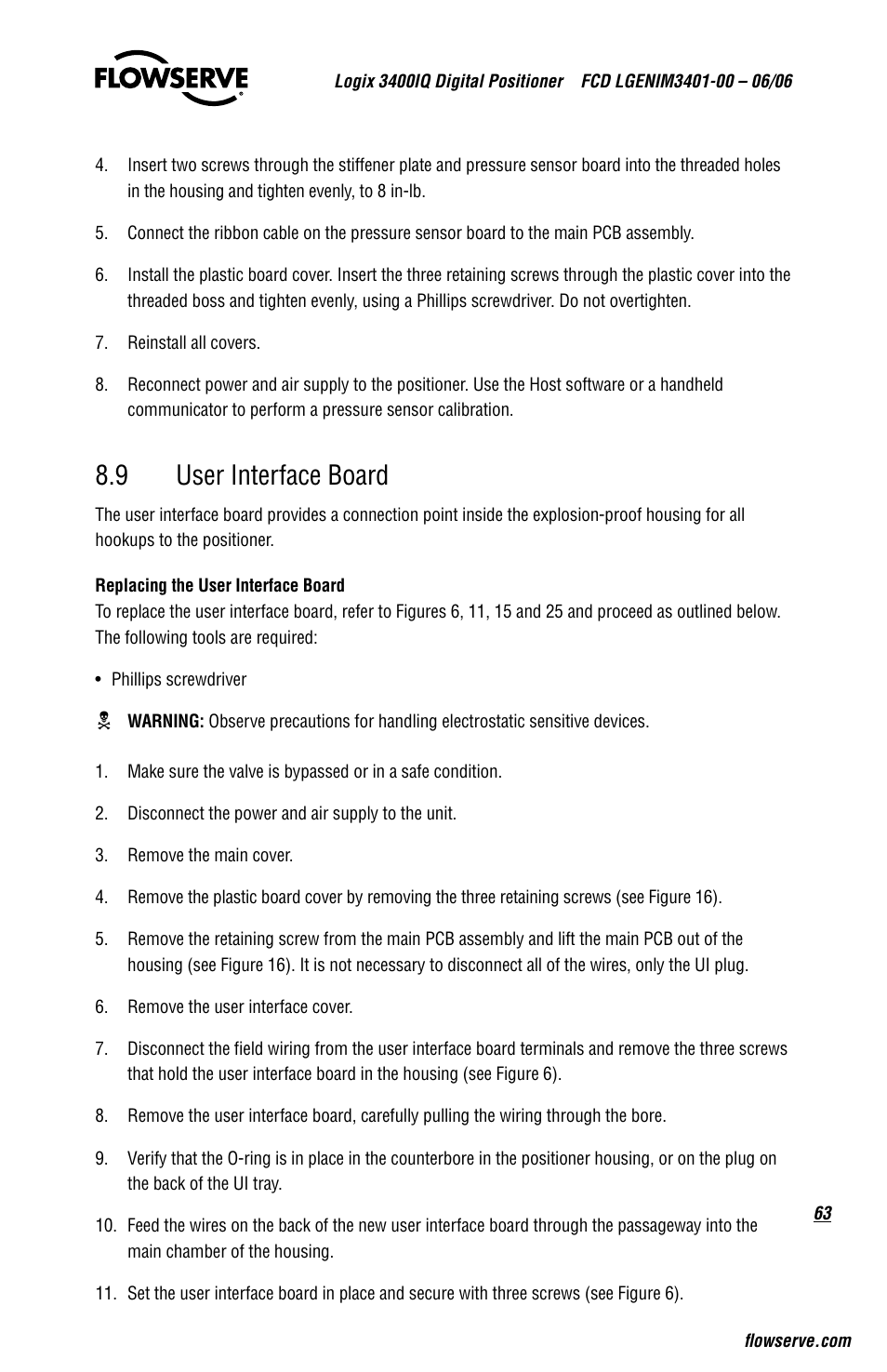 9 user interface board | Flowserve 3400IQ Digital Positioner User Manual | Page 63 / 80