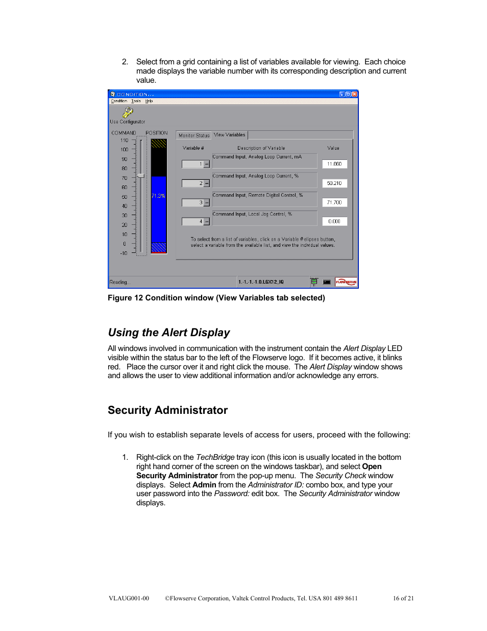 Using the alert display, Security administrator | Flowserve SoftTools Suite 7.0 User Manual | Page 16 / 21