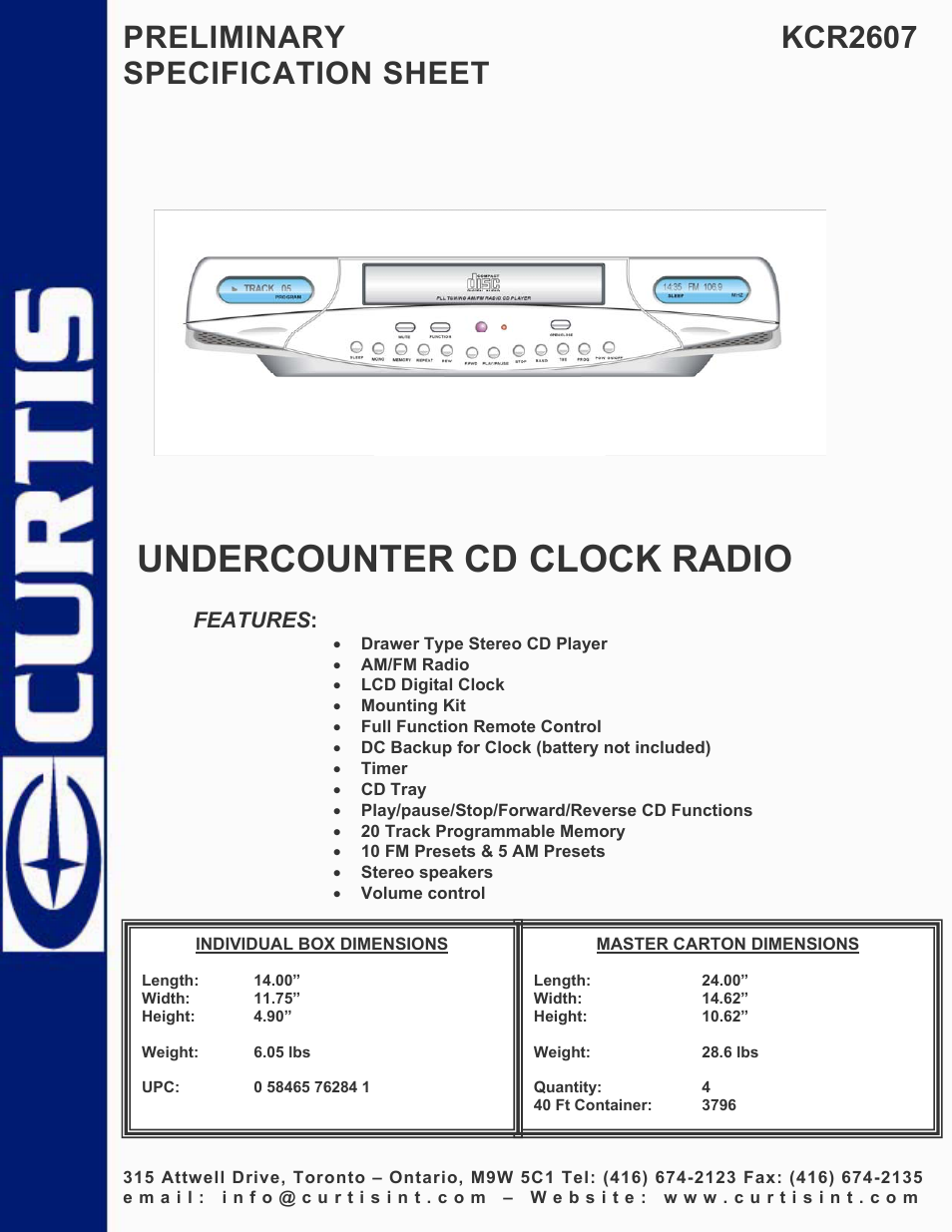 Curtis KCR2607 User Manual | 1 page