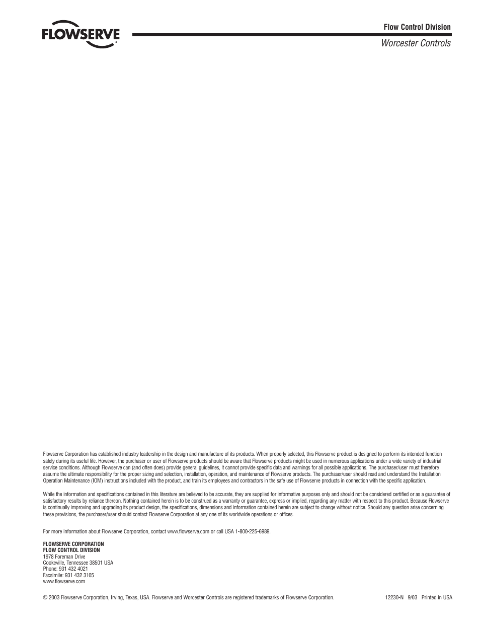 Worcester controls | Flowserve 51 Series User Manual | Page 8 / 8