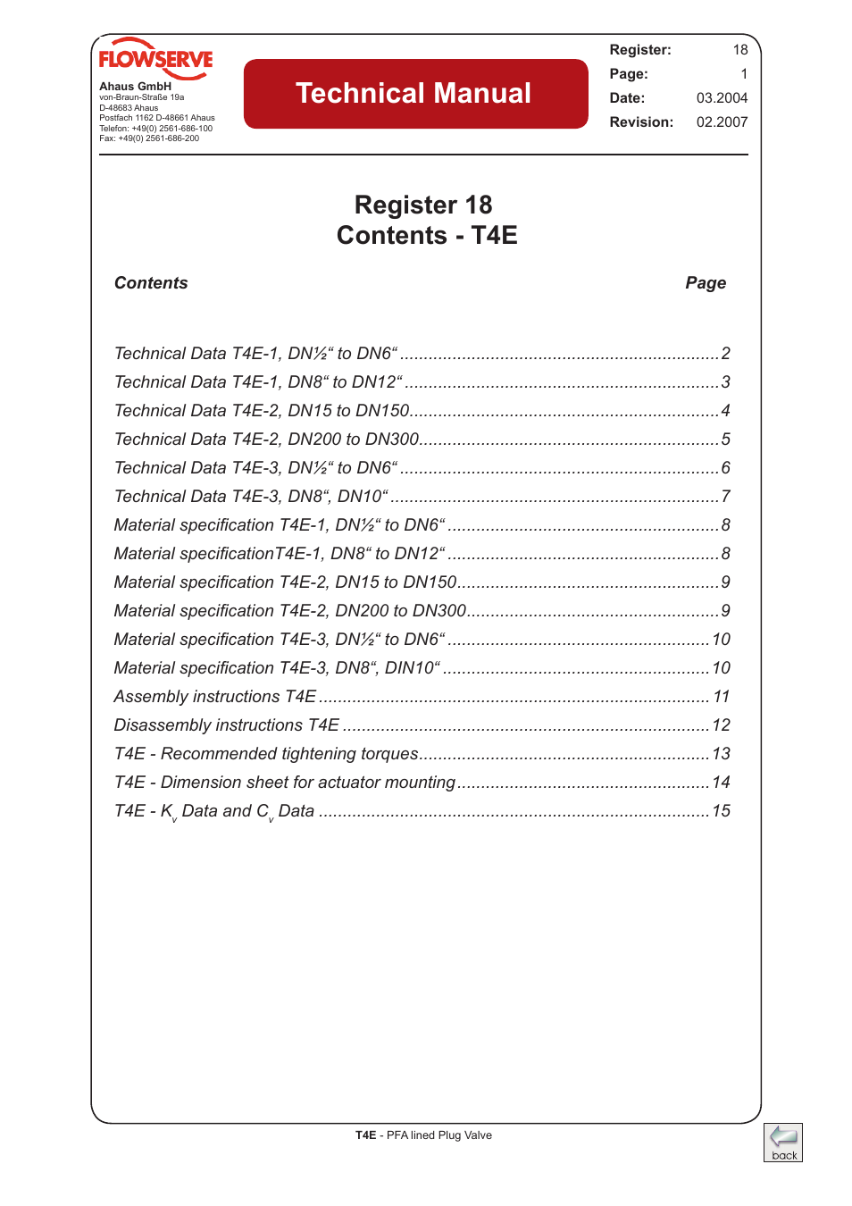 Flowserve T4E Durco Lined Plug Valve IOM User Manual | 15 pages