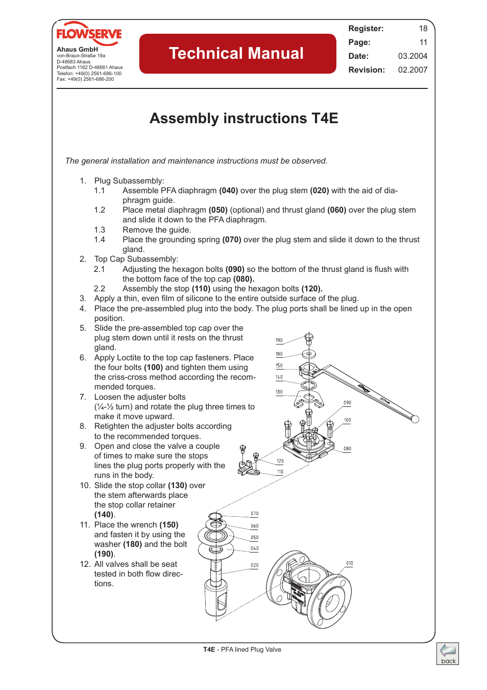 Assembly instructions t4e, Technical manual | Flowserve T4E Durco Lined Plug Valve IOM User Manual | Page 11 / 15