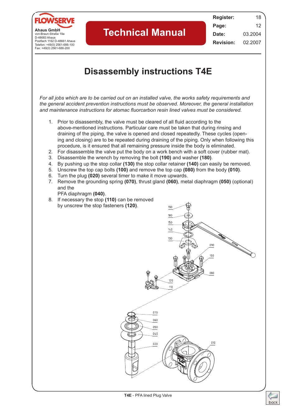 Disassembly instructions t4e, Technical manual | Flowserve T4E Durco Lined Plug Valve IOM User Manual | Page 12 / 15