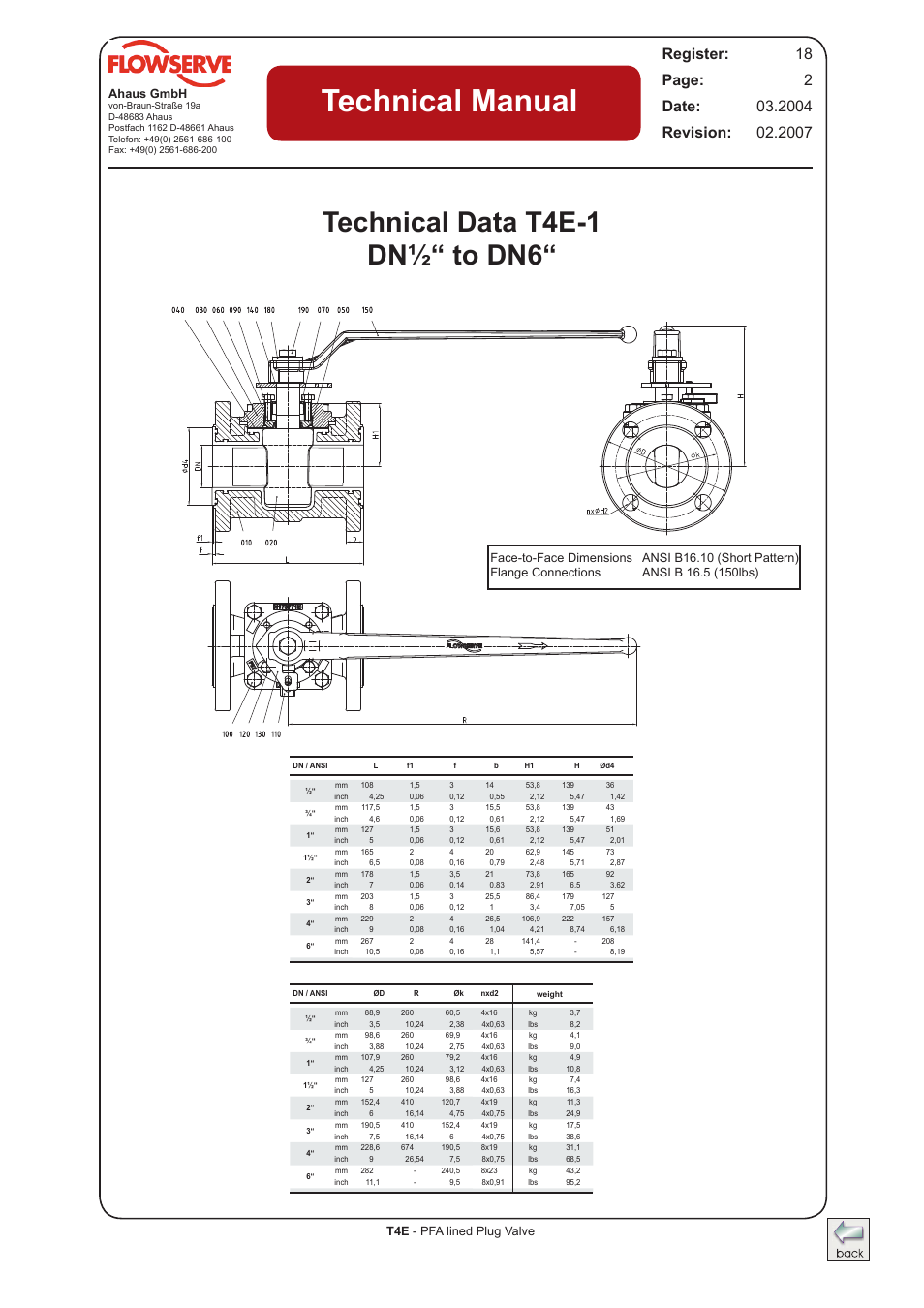 Technical manual, Technical data t4e-1 dn½“ to dn6, T4e - pfa lined plug valve ahaus gmbh | Flowserve T4E Durco Lined Plug Valve IOM User Manual | Page 2 / 15