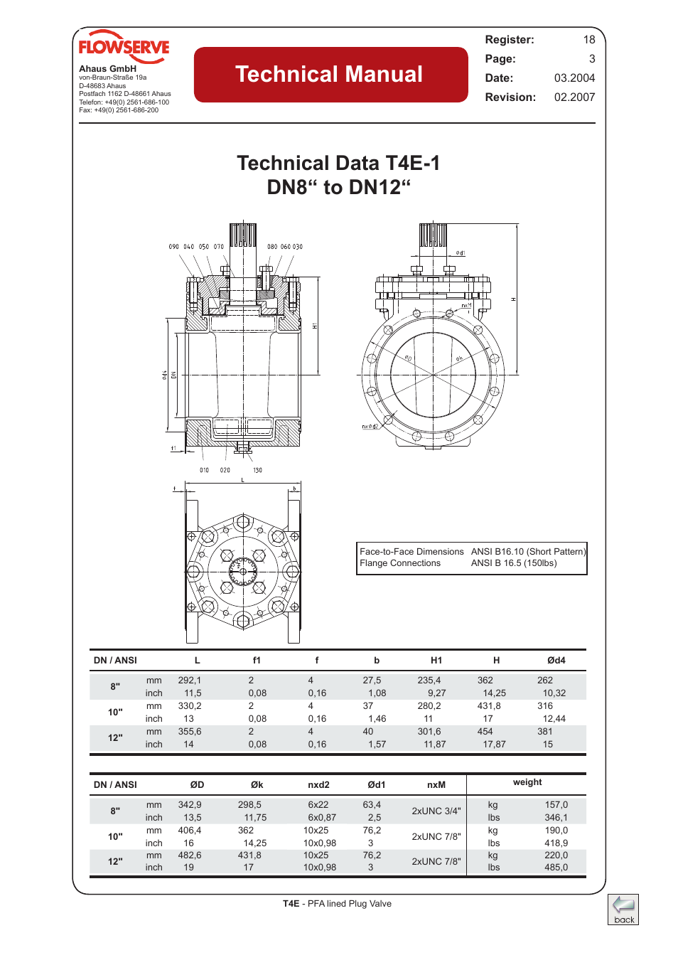 Technical data t4e-1, dn8“ to dn12, Technical manual | Flowserve T4E Durco Lined Plug Valve IOM User Manual | Page 3 / 15