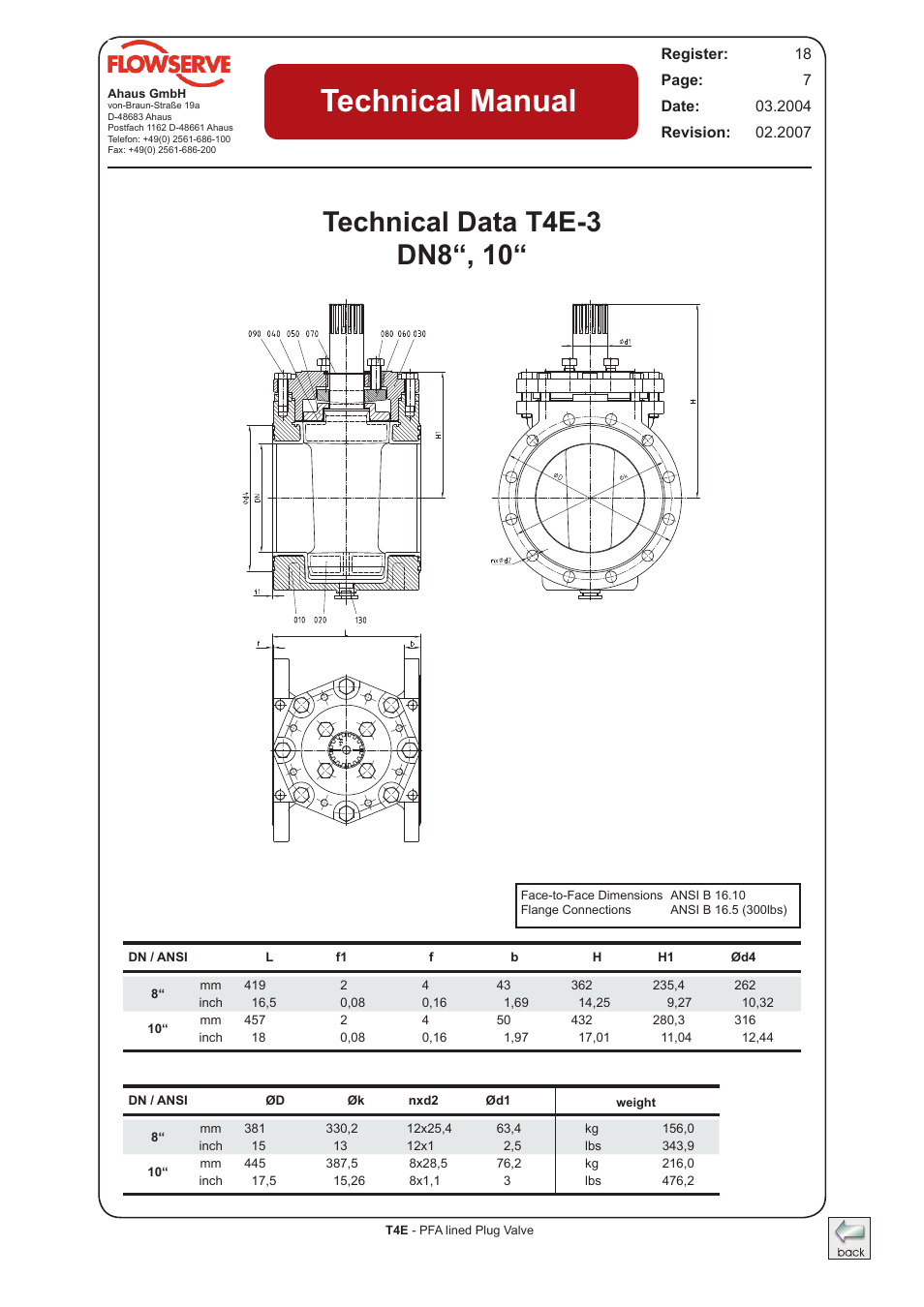 Technical data t4e-3, dn8“, dn10, Technical manual | Flowserve T4E Durco Lined Plug Valve IOM User Manual | Page 7 / 15