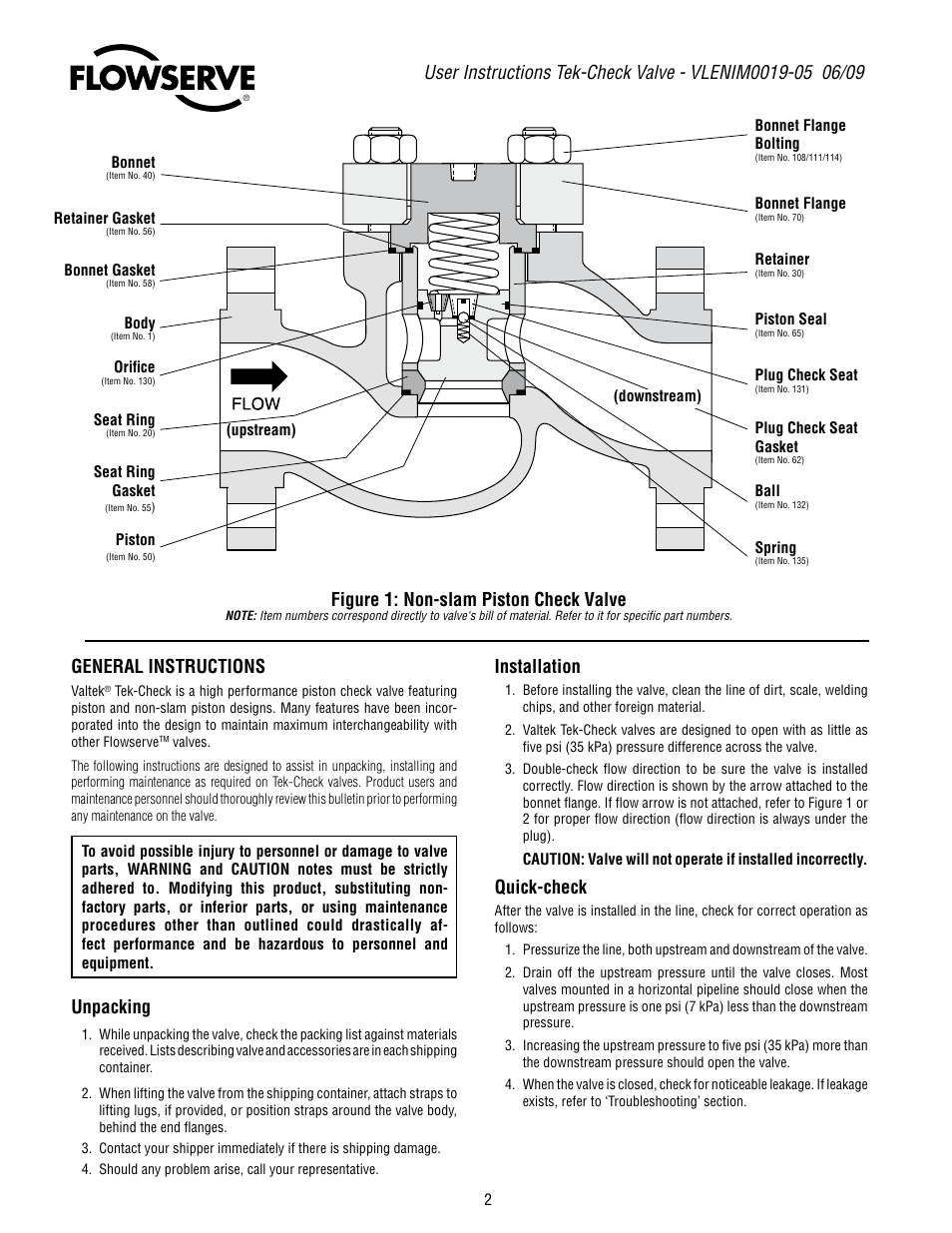 Unpacking, Installation, Quick-check | Figure 1: non-slam piston check valve | Flowserve Valtek Tek-Check User Manual | Page 2 / 4