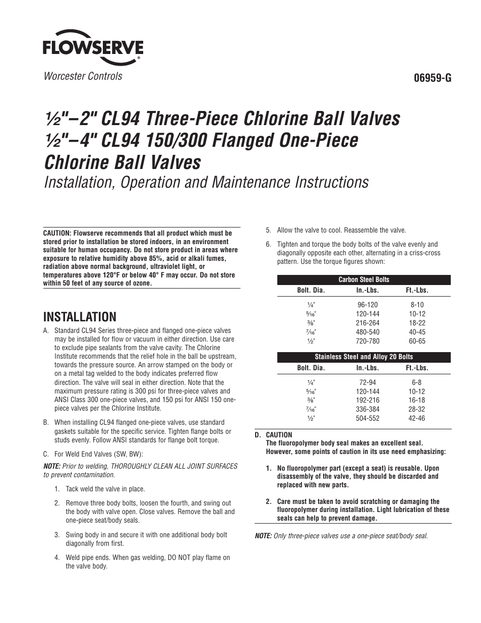 Flowserve CL94 Series Three-Piece Chlorine Ball Valve 1/2-2 User Manual | 8 pages