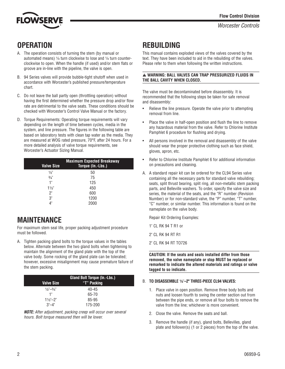 Operation, Maintenance, Rebuilding | Worcester controls | Flowserve CL94 Series Three-Piece Chlorine Ball Valve 1/2-2 User Manual | Page 2 / 8