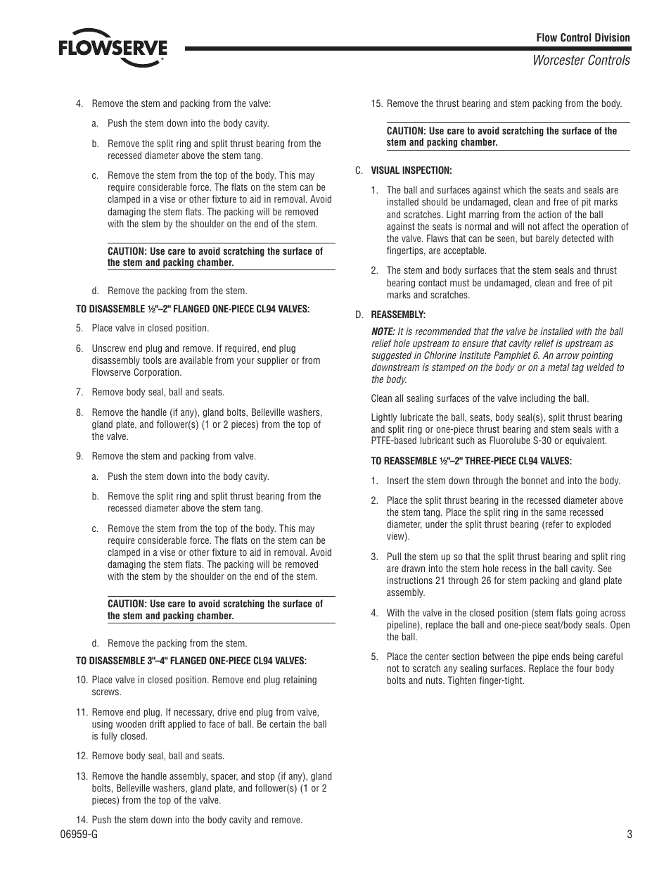 Worcester controls | Flowserve CL94 Series Three-Piece Chlorine Ball Valve 1/2-2 User Manual | Page 3 / 8