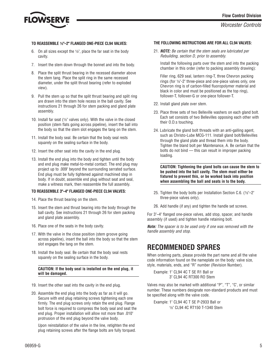 Recommended spares, Worcester controls | Flowserve CL94 Series Three-Piece Chlorine Ball Valve 1/2-2 User Manual | Page 5 / 8