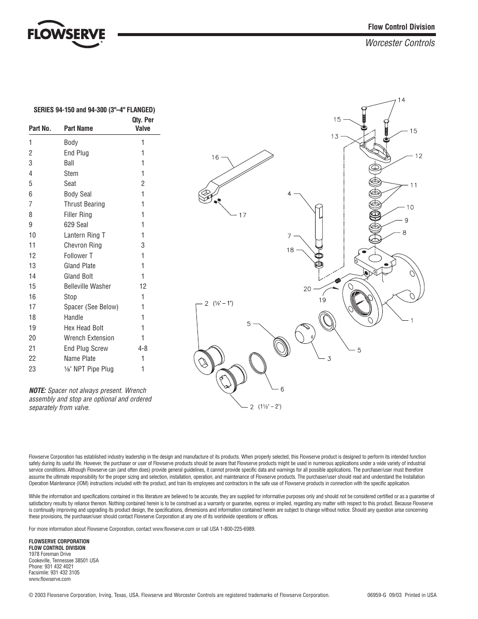 Worcester controls | Flowserve CL94 Series Three-Piece Chlorine Ball Valve 1/2-2 User Manual | Page 8 / 8
