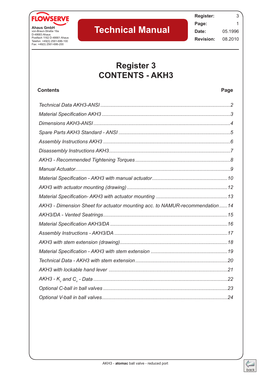 Flowserve AKH3 Atomac Lined Ball Valve IOM User Manual | 23 pages