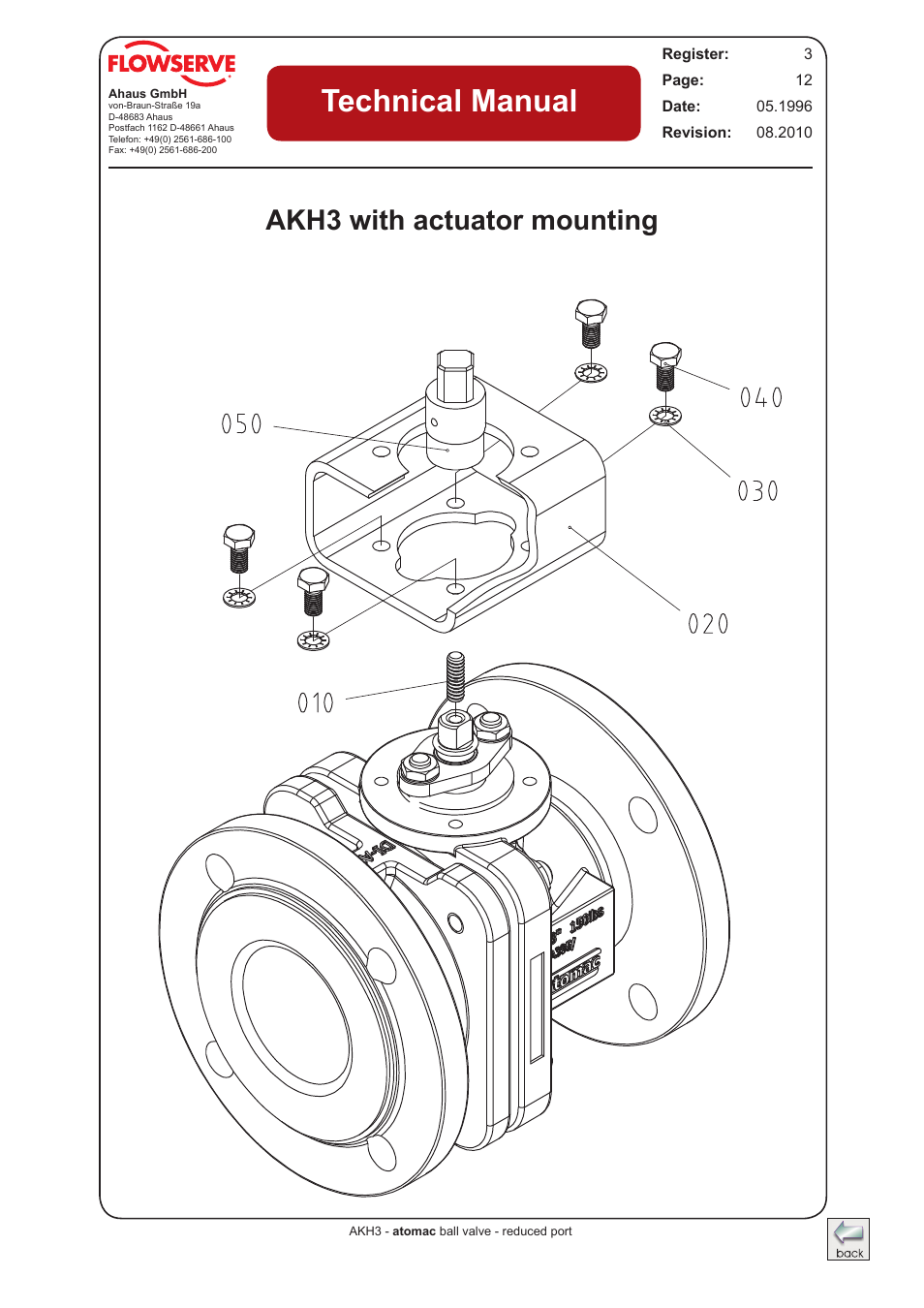 Akh3 with actuator mounting, Akh3 with actuator mounting (drawing), Technical manual | Flowserve AKH3 Atomac Lined Ball Valve IOM User Manual | Page 11 / 23