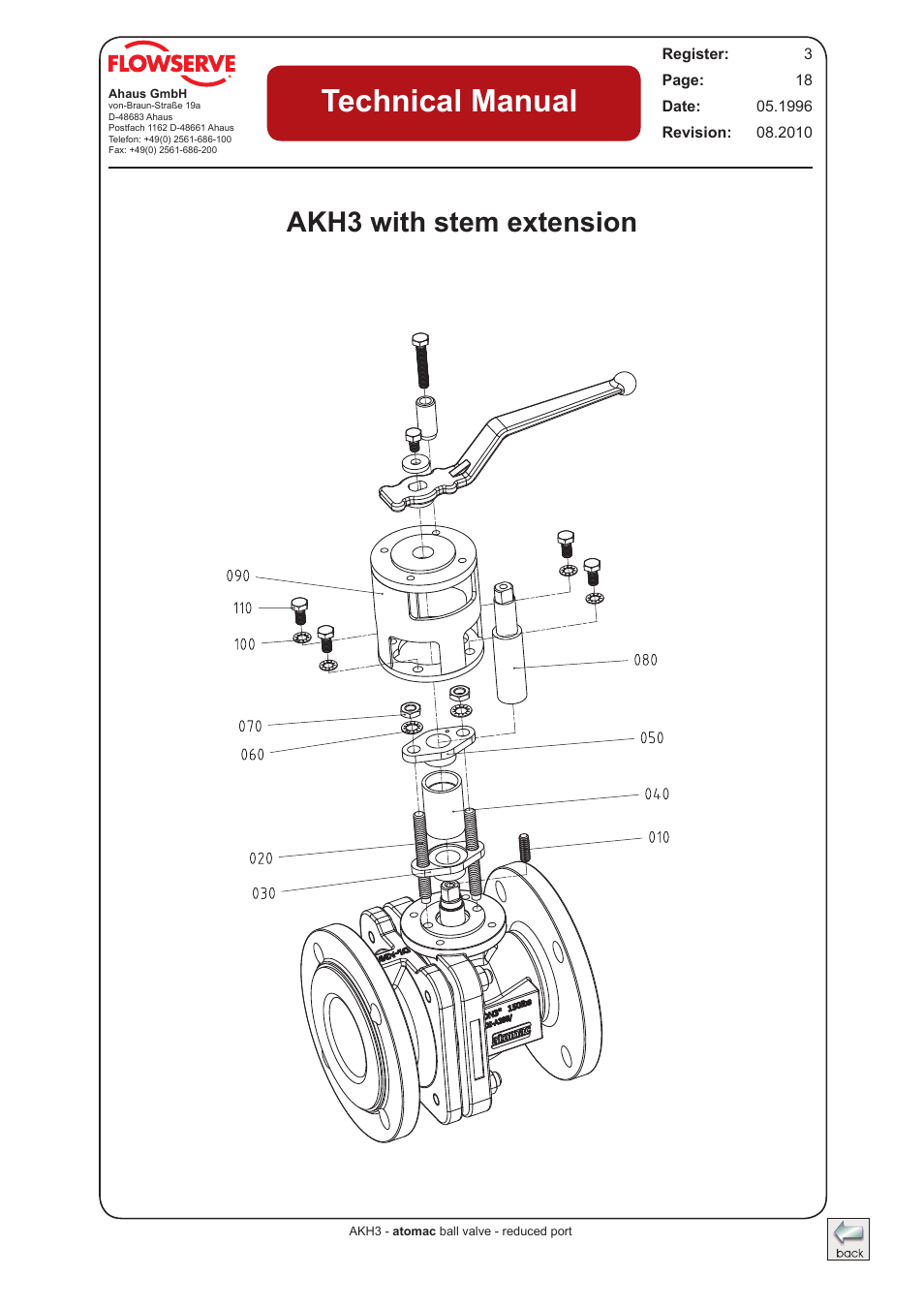 Akh3 with stem extension, Akh3 with stem extension (drawing), Technical manual | Flowserve AKH3 Atomac Lined Ball Valve IOM User Manual | Page 17 / 23