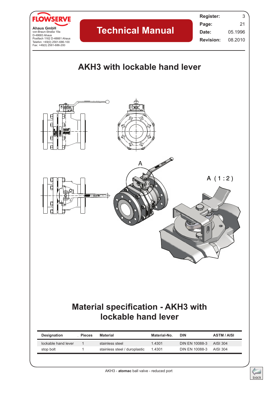 Akh3 with lockable hand lever, Technical manual, A ( 1 : 2 ) | A ( 1 : 2 ) a | Flowserve AKH3 Atomac Lined Ball Valve IOM User Manual | Page 20 / 23