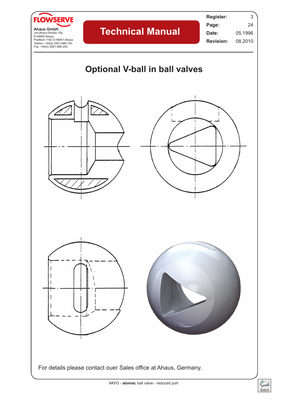 Optional v-ball in ball valves, Technical manual | Flowserve AKH3 Atomac Lined Ball Valve IOM User Manual | Page 23 / 23