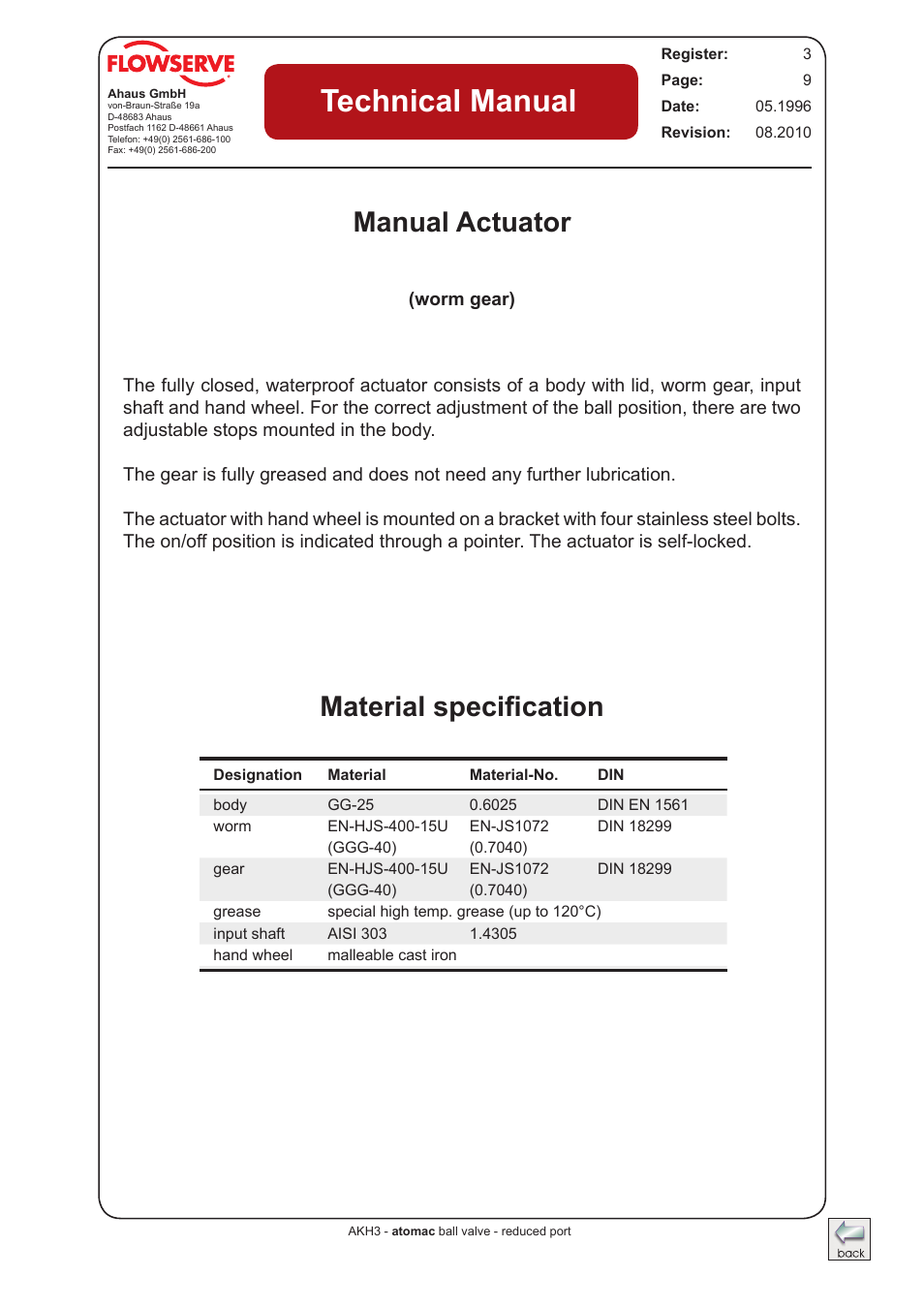 Manual actuator, Technical manual, Material specification | Flowserve AKH3 Atomac Lined Ball Valve IOM User Manual | Page 9 / 23