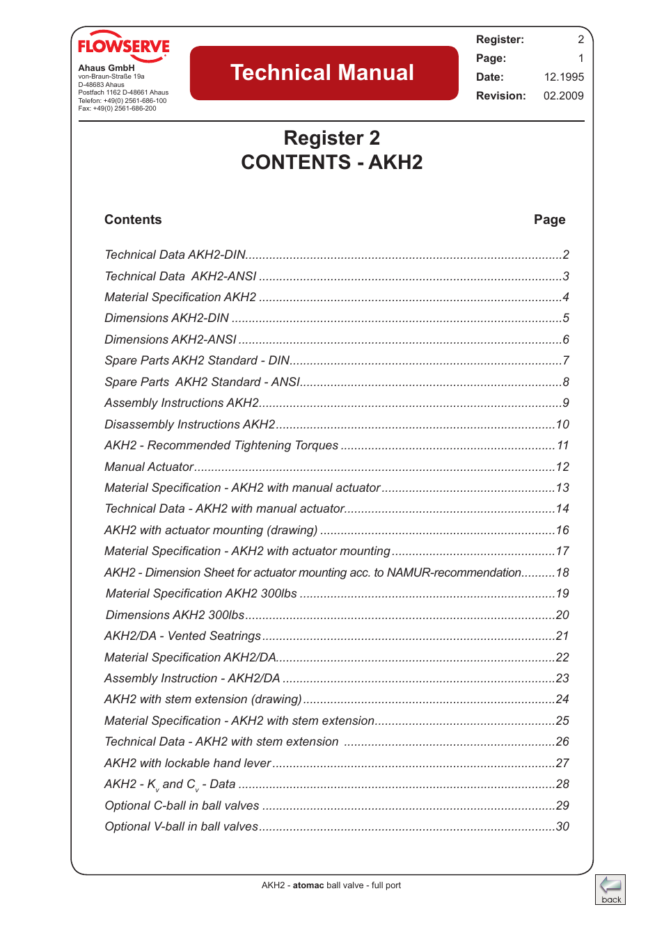 Flowserve AKH2 IOM Atomac Lined Ball Valve IOM User Manual | 29 pages