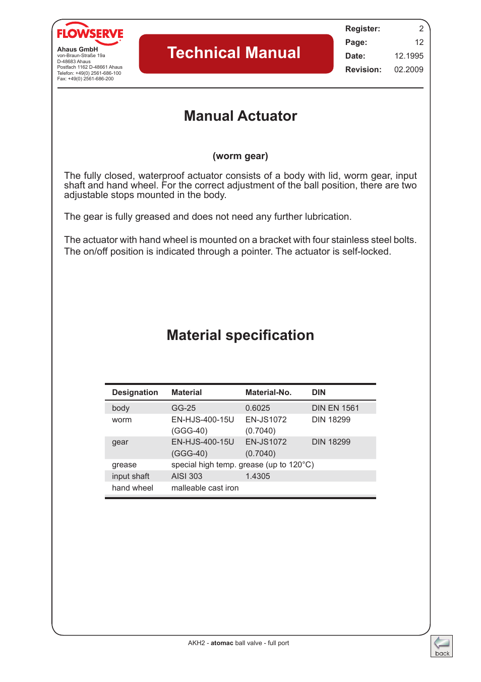 Manual actuator, Technical manual, Material specification | Flowserve AKH2 IOM Atomac Lined Ball Valve IOM User Manual | Page 12 / 29