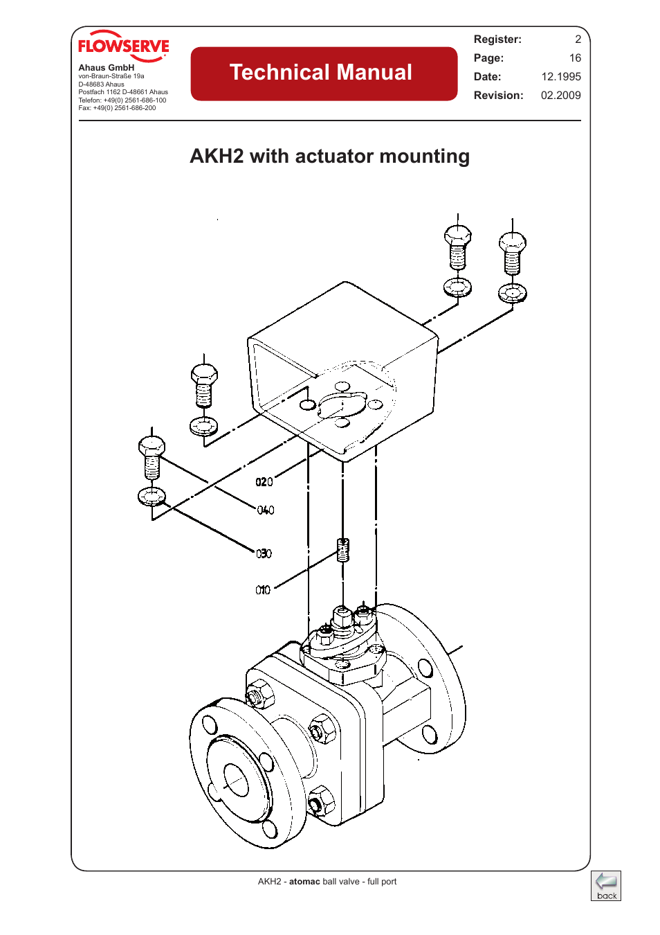 Akh2 with actuator mounting (drawing), Technical manual, Akh2 with actuator mounting | Flowserve AKH2 IOM Atomac Lined Ball Valve IOM User Manual | Page 15 / 29