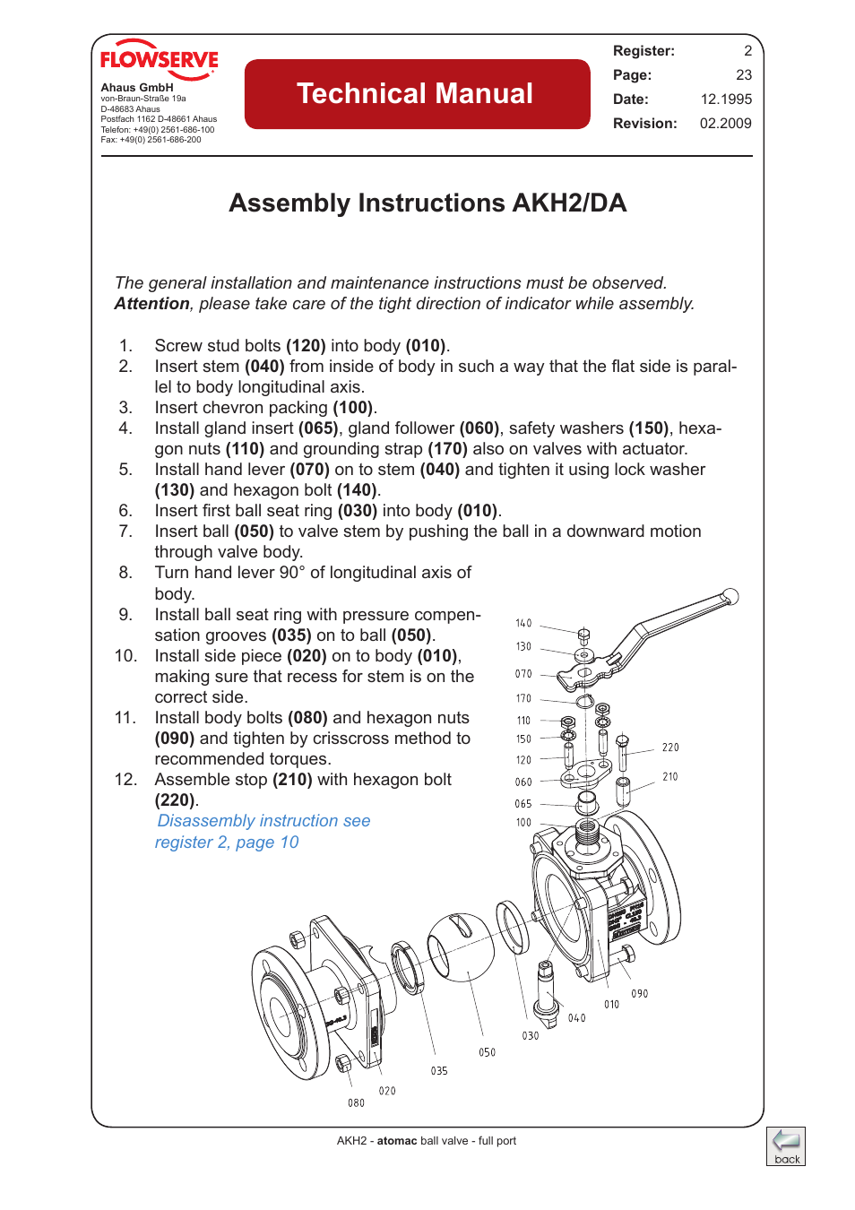 Assembly instruction - akh2/da, Technical manual, Assembly instructions akh2/da | Flowserve AKH2 IOM Atomac Lined Ball Valve IOM User Manual | Page 22 / 29