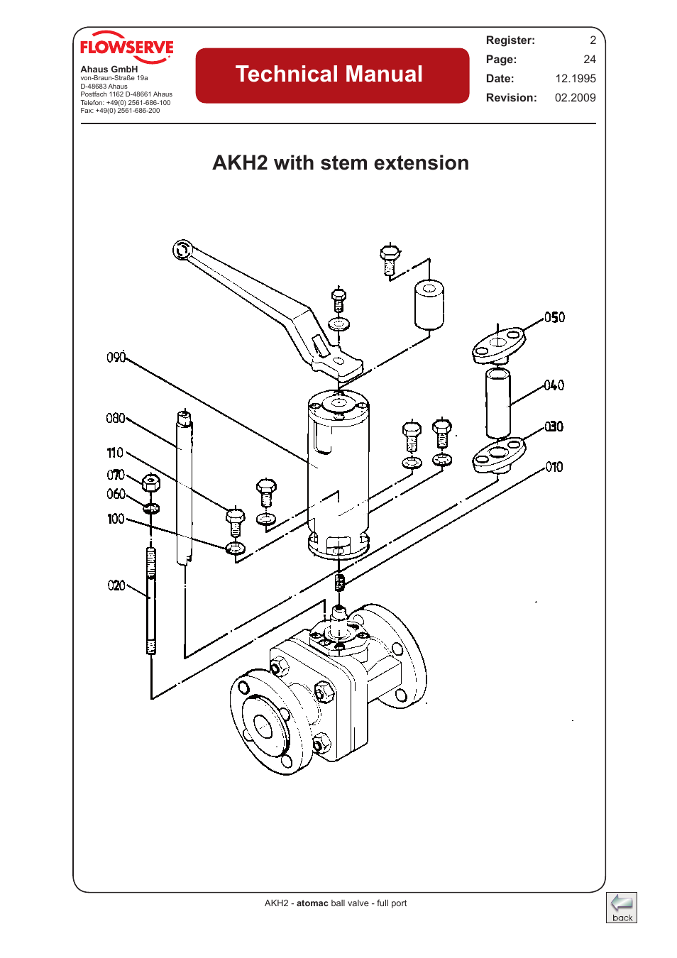 Akh2 with stem extension (drawing), Technical manual, Akh2 with stem extension | Flowserve AKH2 IOM Atomac Lined Ball Valve IOM User Manual | Page 23 / 29