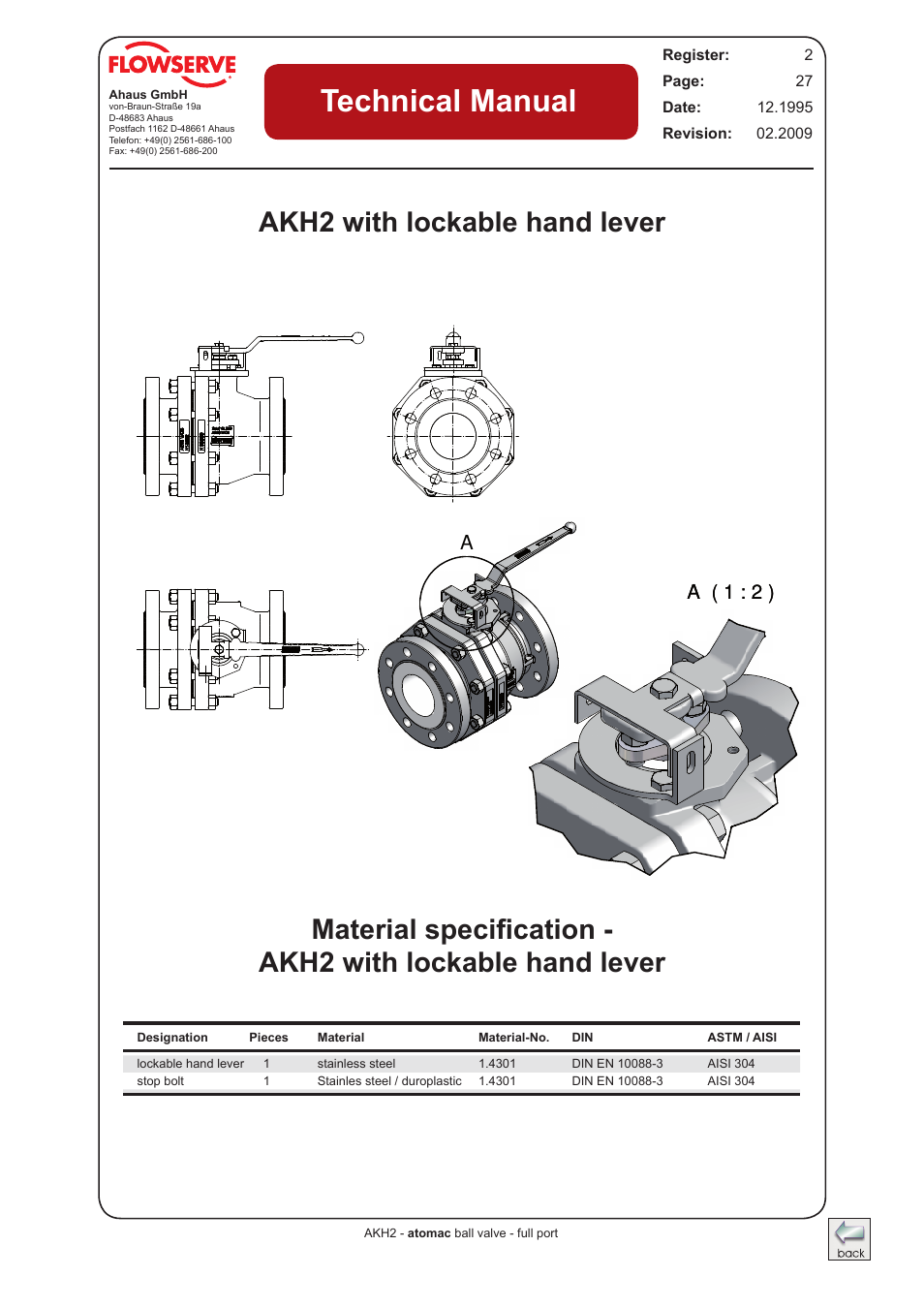 Technical manual, A ( 1 : 2 ), A ( 1 : 2 ) a | Flowserve AKH2 IOM Atomac Lined Ball Valve IOM User Manual | Page 26 / 29