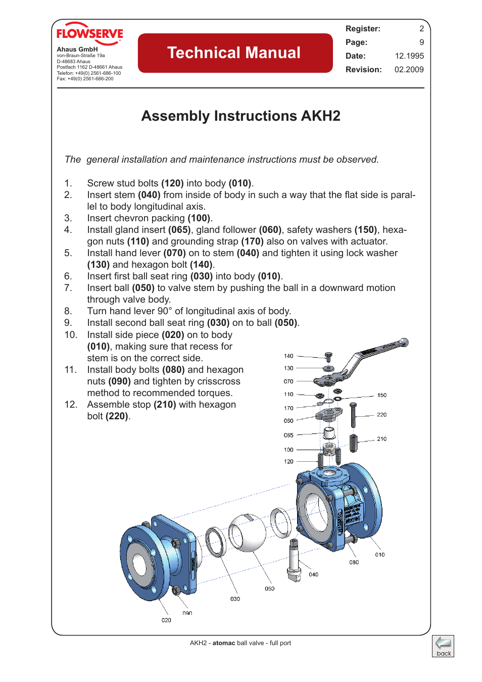 Technical manual, Assembly instructions akh2 | Flowserve AKH2 IOM Atomac Lined Ball Valve IOM User Manual | Page 9 / 29