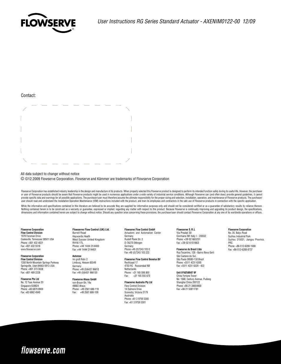 Contact | Flowserve RG Series Standard Actuator User Manual | Page 12 / 12