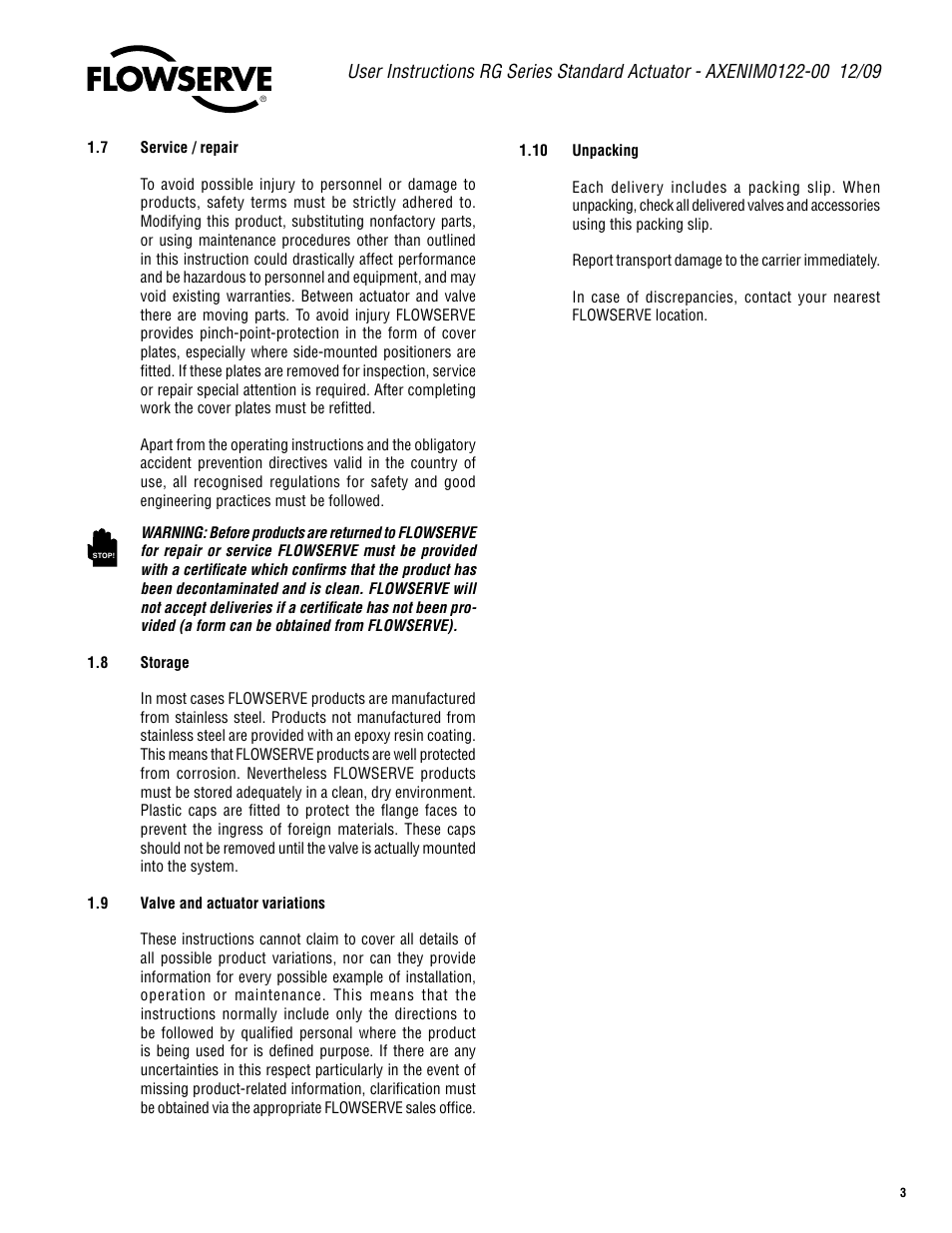 Flowserve RG Series Standard Actuator User Manual | Page 3 / 12