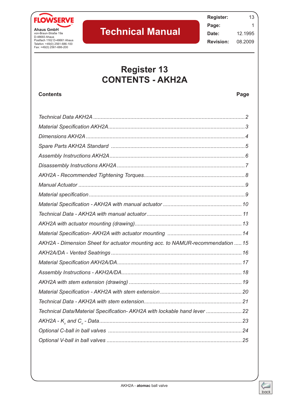 Flowserve AKH2A Atomac Lined Ball Valve IOM User Manual | 24 pages