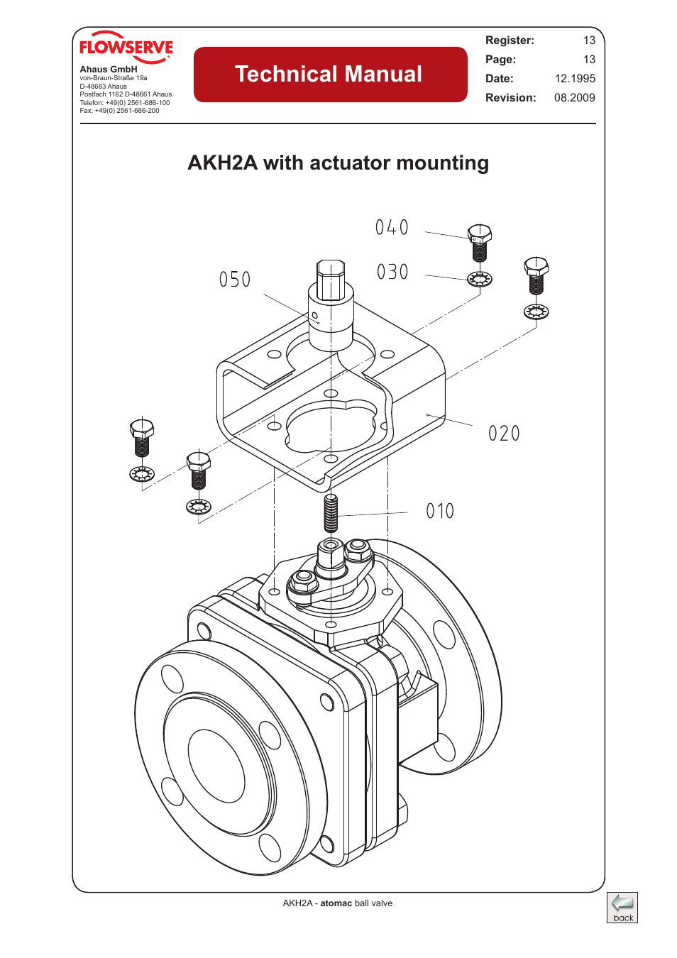 Akh2a with actuator mounting (drawing), Technical manual, Akh2a with actuator mounting | Flowserve AKH2A Atomac Lined Ball Valve IOM User Manual | Page 12 / 24