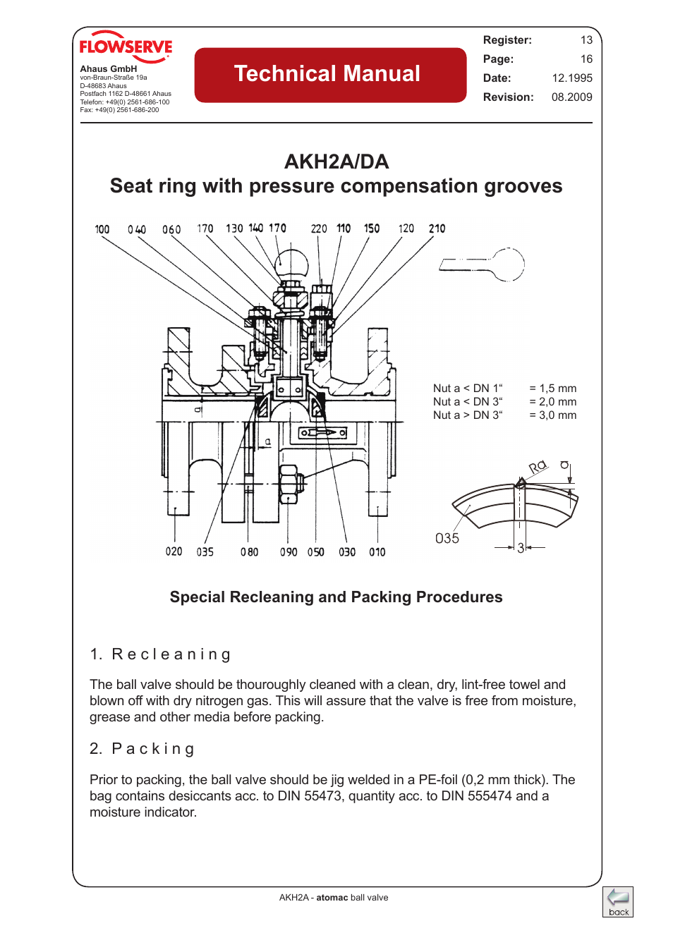 Akh2a/da - vented seatrings, Technical manual | Flowserve AKH2A Atomac Lined Ball Valve IOM User Manual | Page 15 / 24