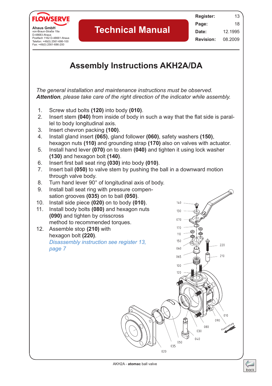 Assembly instructions - akh2a/da, Technical manual, Assembly instructions akh2a/da | Flowserve AKH2A Atomac Lined Ball Valve IOM User Manual | Page 17 / 24
