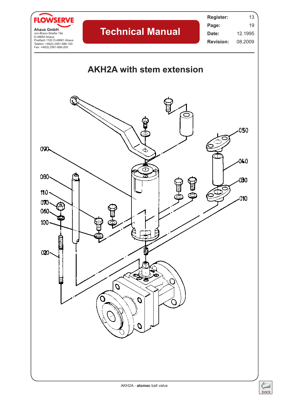 Akh2a with stem extension (drawing), Technical manual, Akh2a with stem extension | Flowserve AKH2A Atomac Lined Ball Valve IOM User Manual | Page 18 / 24