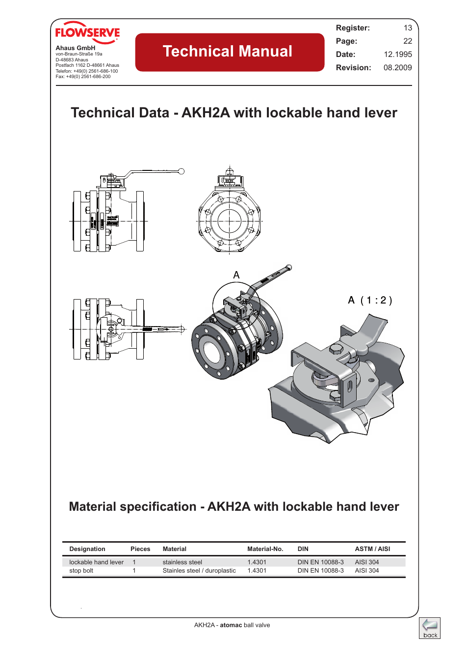 Technical manual, Technical data - akh2a with lockable hand lever, A ( 1 : 2 ) | A ( 1 : 2 ) a | Flowserve AKH2A Atomac Lined Ball Valve IOM User Manual | Page 21 / 24