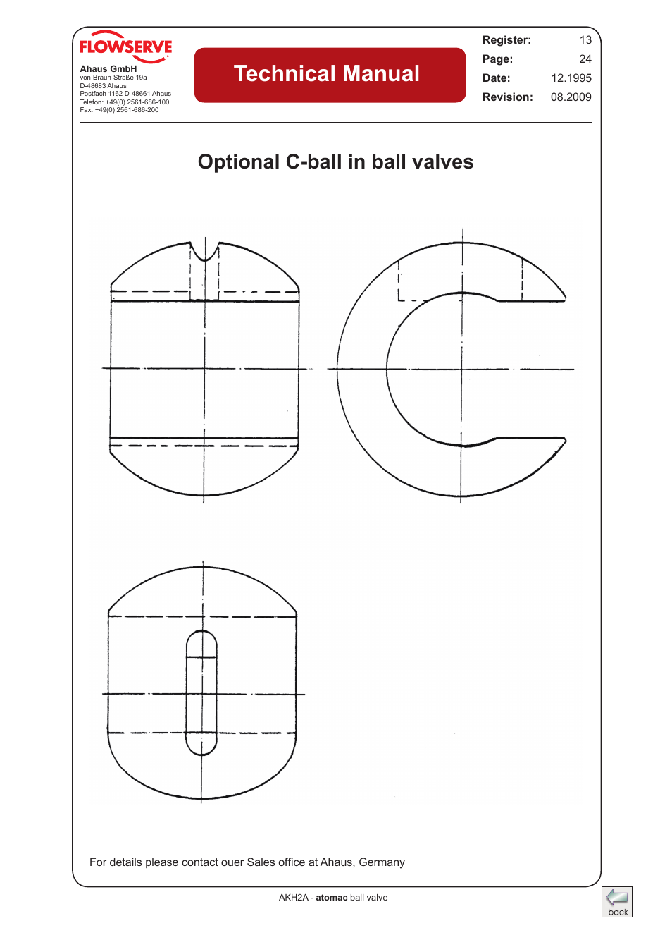 Optional c-ball in ball valves, Technical manual | Flowserve AKH2A Atomac Lined Ball Valve IOM User Manual | Page 23 / 24