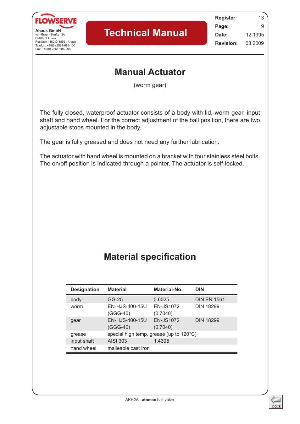 Manual actuator material specification, Technical manual, Manual actuator | Material specification | Flowserve AKH2A Atomac Lined Ball Valve IOM User Manual | Page 9 / 24