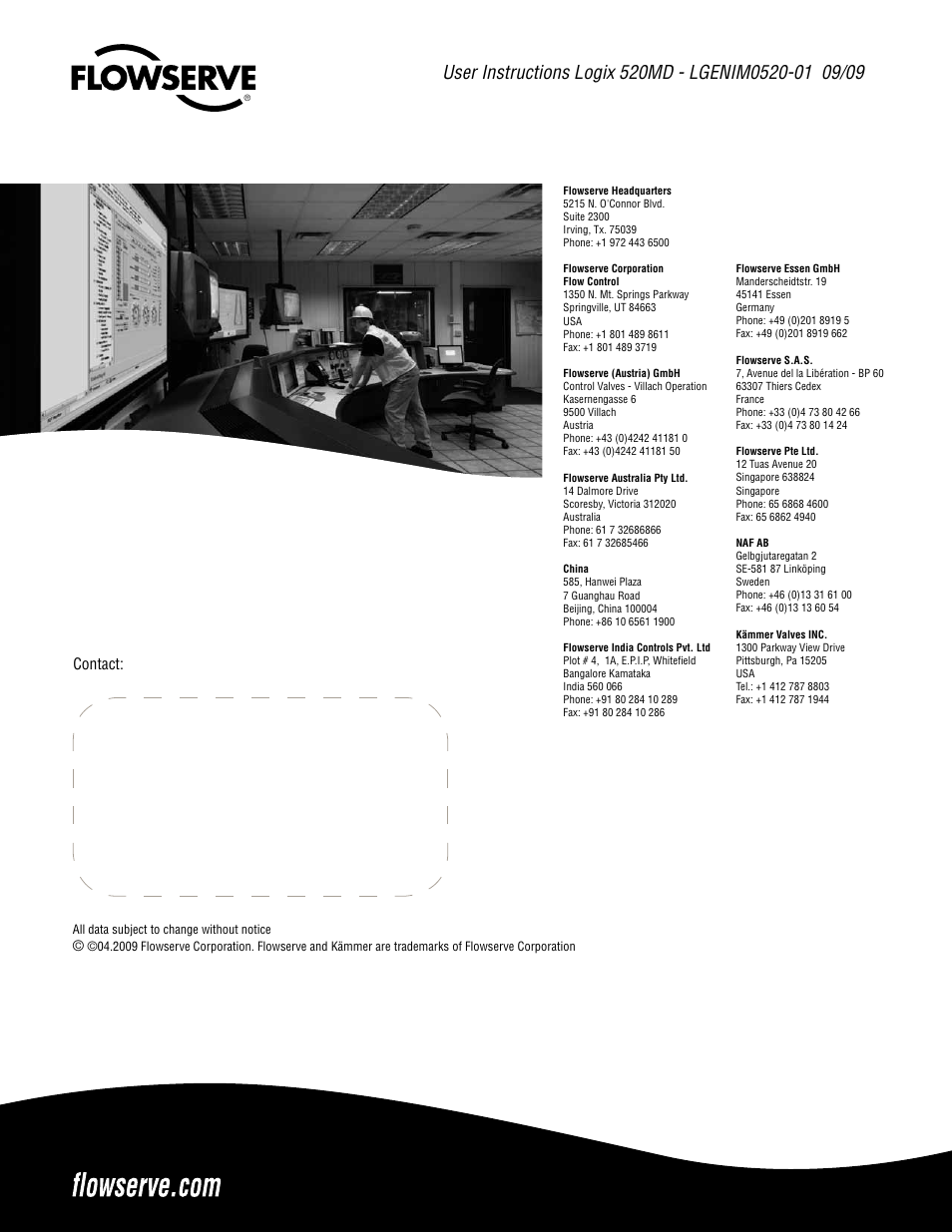 Contact | Flowserve 520MD Digital Positioner User Manual | Page 20 / 20